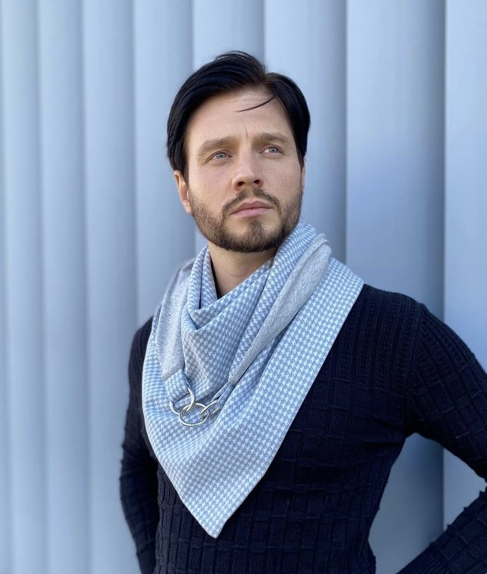 Чоловічий 2-сторонній вовняний шарф, світло-блакиний гусяча лапка "Единбург", на кільцях, від My scarf снуд, бактус, фото 1