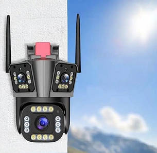 Вулична WiFi камера HW-SM1-20S три об'єктива PTZ 12Мп 5К автостеження IP66 Чорна