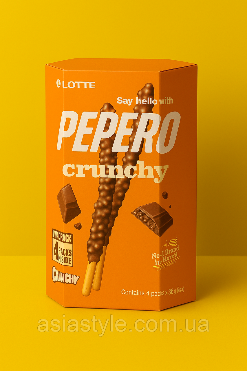 Корейські бісквітні палички, вкриті шоколадом та обсипані повітряним рисом, Pepero Crunchy | LOTTE | 144 г (4×36 г), Во, фото 1