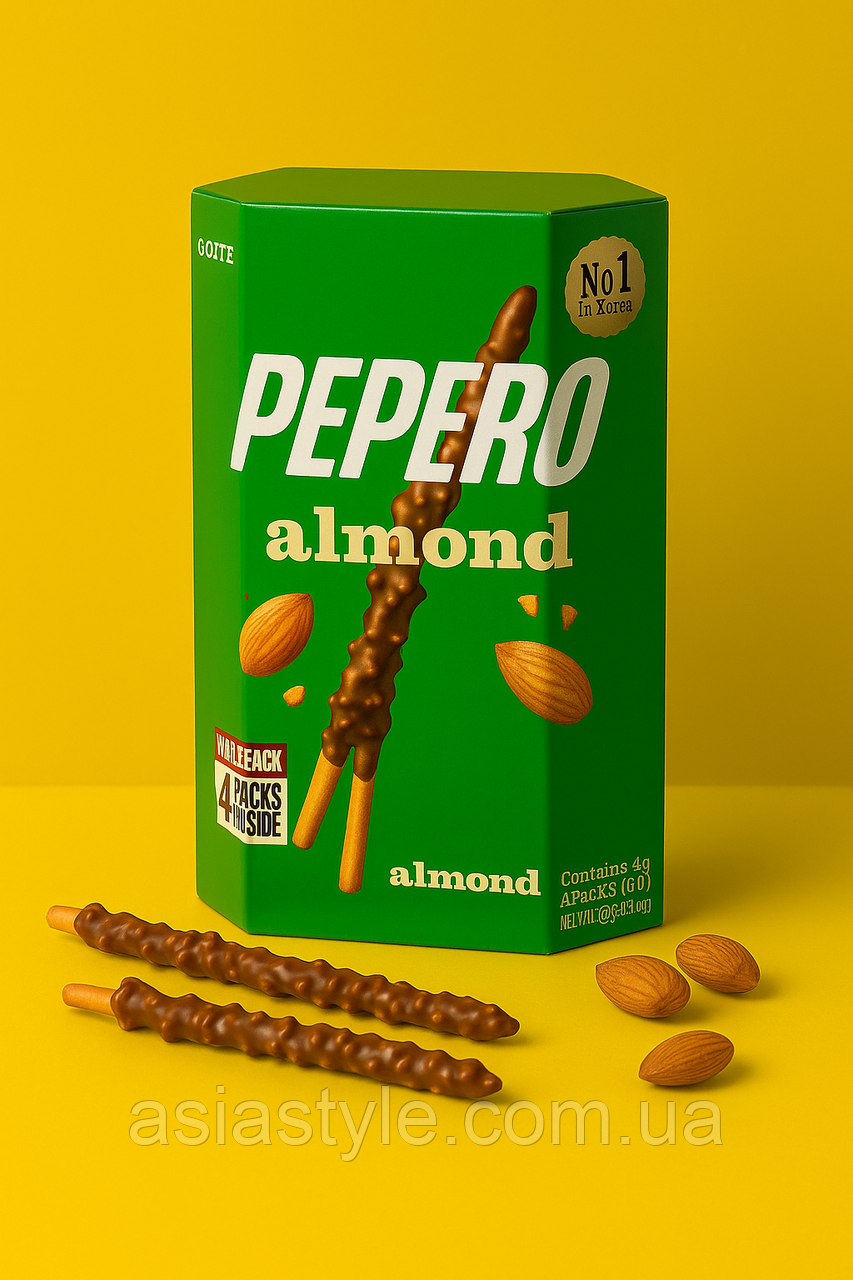 Корейські бісквітні палички, вкриті шоколадом та обсипані повітряним рисом, Pepero Almond | LOTTE | 128 г (4×32 г), Во, фото 1