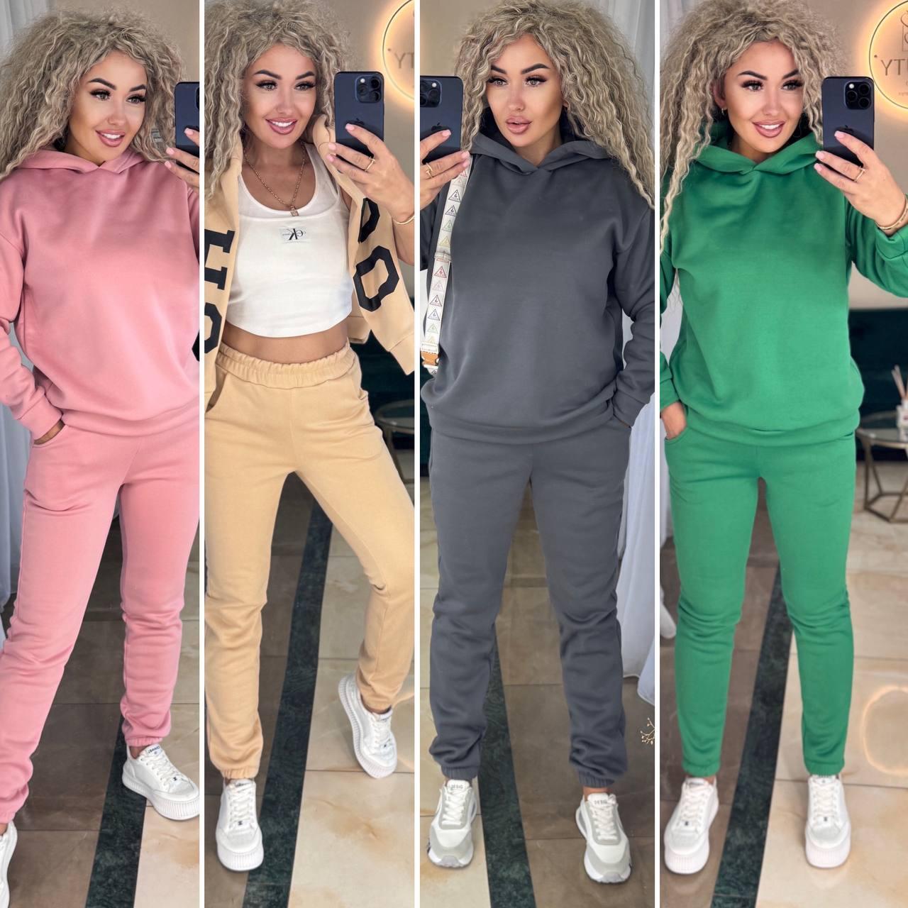 Теплий стильний якісний костюм Chicago Тканина Трьохнитка на Флісі Мод : 771-575 Кольори: рожевий, бежевий, графіт, зелений, фото 1