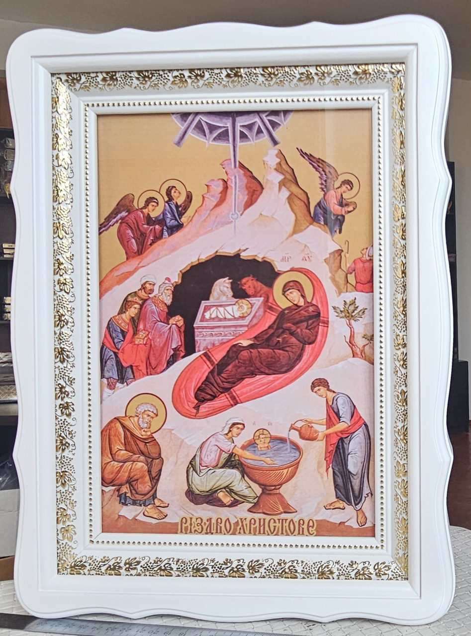 Ікона Різдво Христове українською мовою в білому  кіоті  під склом, розмір кіота  39*29, сюжет 20*30, фото 1