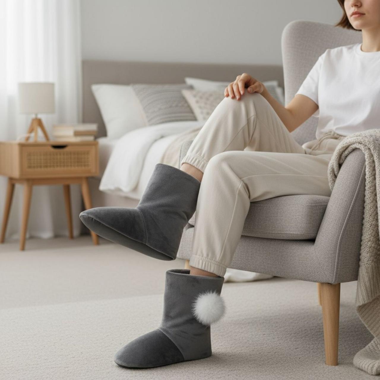 Жіночі домашні тапочки - чобітки теплі на овчині PaGo Закриті зимові валянки високі сірі, фото 1