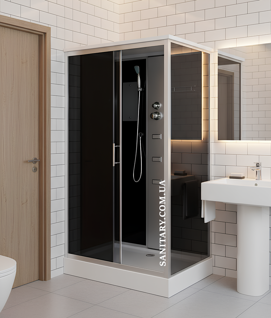 Гідромасажний бокс 715 120х80 см прямокутний чорний лівосторонній гідромасажна кабіна на низькому піддоні, фото 1