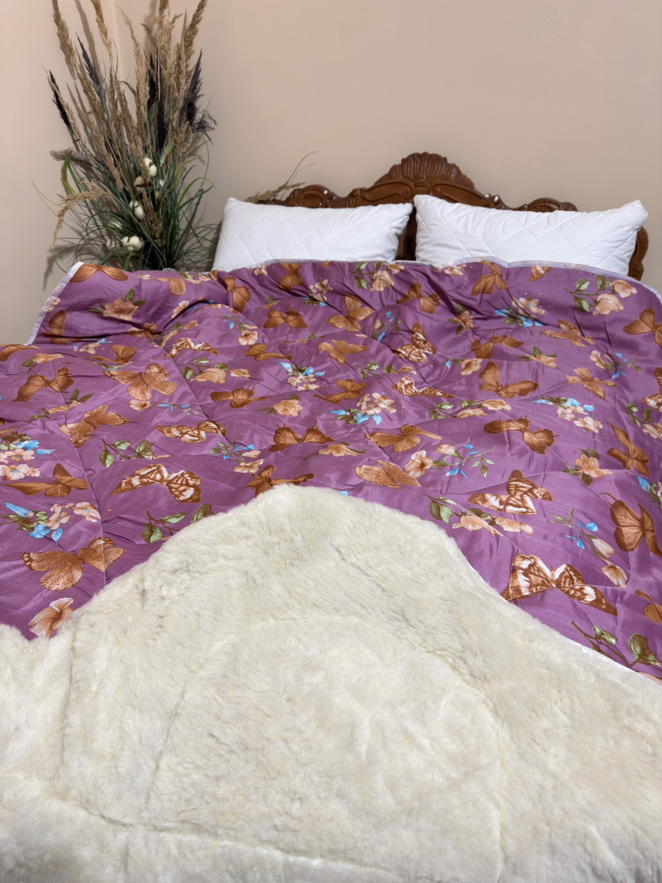 Ковдра зимова з відкритим хутром двохстороння на овчині (різні кольори), фото 1