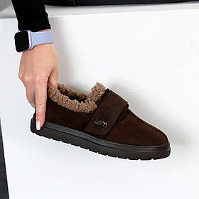 Зручні теплі замшеві шоколадні автоледі на липучці