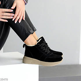 Спортивні чорні замшеві зимові черевики змійка + шнурівка 37