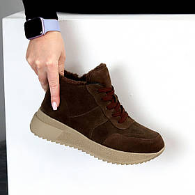 Спортивні замшеві зимові черевики змійка + шнурівка колір Шоколад 37
