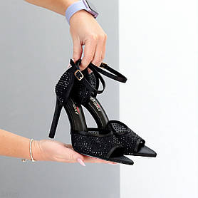 Елегантні ошатні чорні сатинові босоніжки в стразах, на шпильці