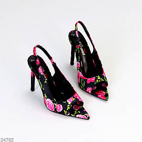 Елегантні квіткові сатинові чорні босоніжки на шпильці