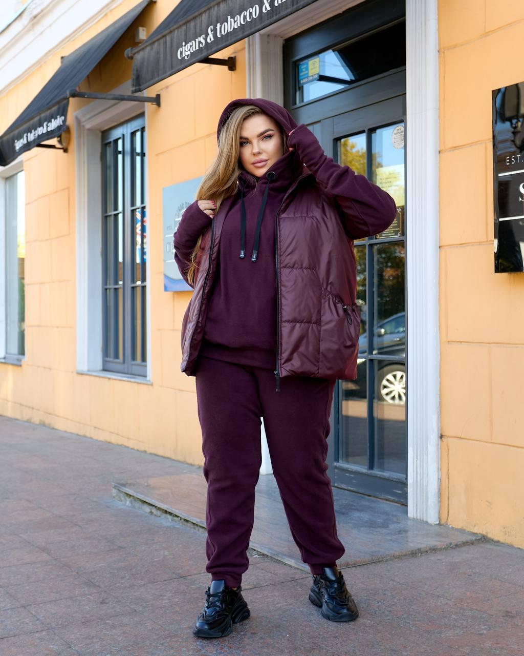 Жіночий теплий костюм iз флiса+жител NOBILITAS 46-64 бордового кольору, фото 1