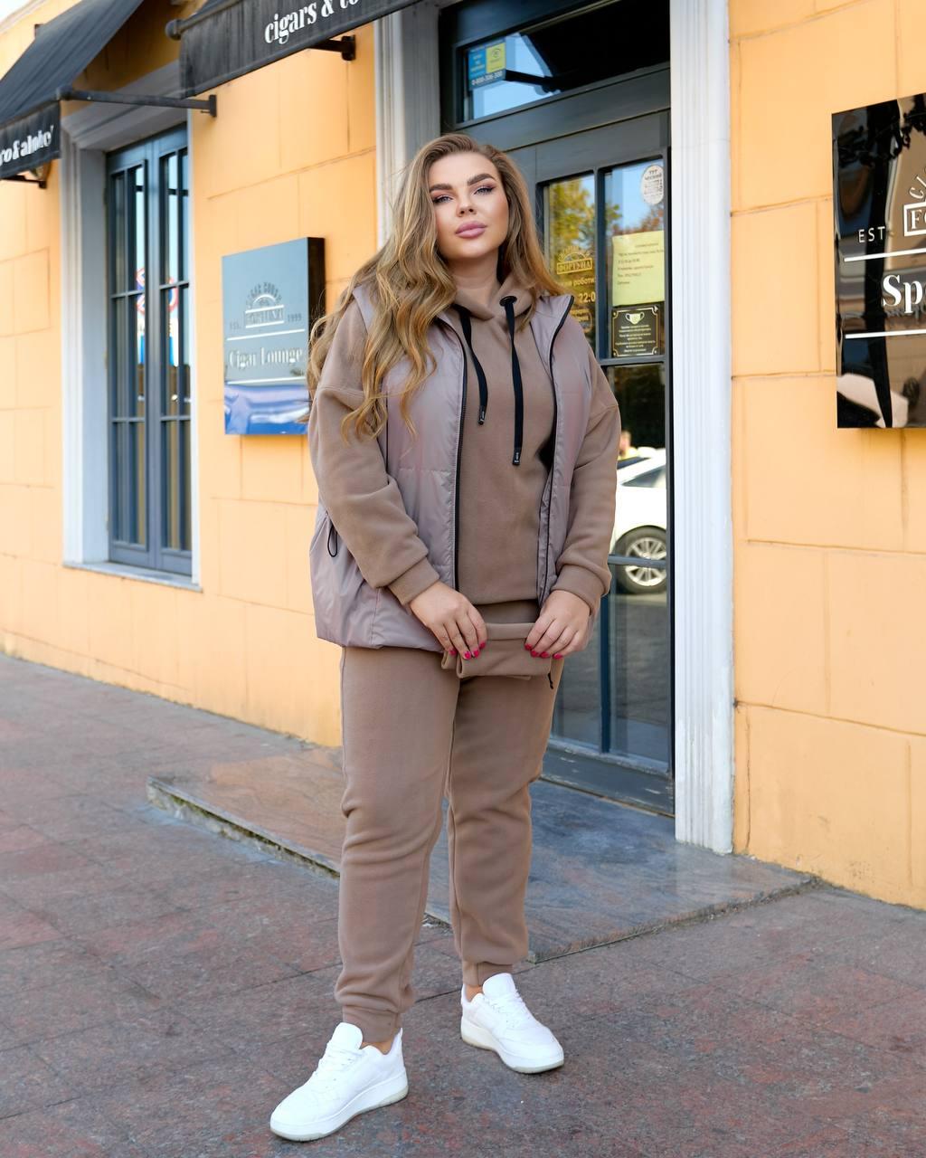 Жіночий теплий костюм iз флiса+жител NOBILITAS 46-64 кавового кольору, фото 1