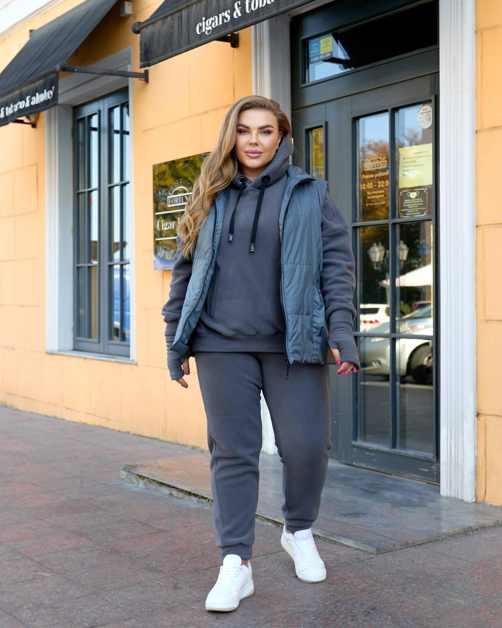 Жіночий теплий костюм iз флiса+жител NOBILITAS 46-64 графiтового кольору, фото 1