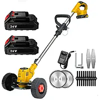 Набір акумуляторна коса для трави з 2 АКБ 24v / Газонокосарка-триммер з колесами та насадками Жовтий