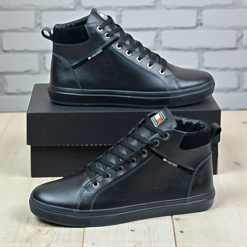 Зимові чоловічі шкіряні черевики на блискавці чорні утеплені з натуральної шкіри на хутрі на зиму, розмір 40-45, фото 1