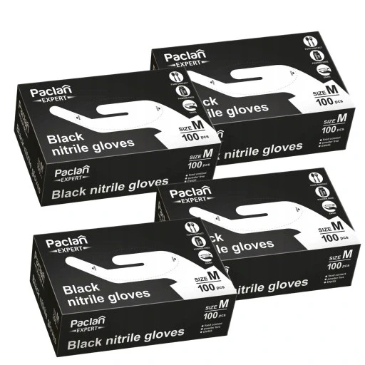 Набір 4 штуки одноразові рукавички Paclan M нітрилові 4 упаковки чорні, фото 1