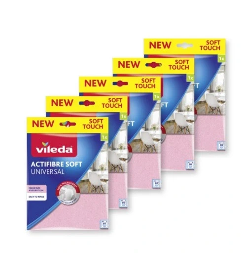 Набір 5 штук Vileda Actifibre Soft рожева мікрофіброва серветка для скла та дзеркал / 5 шт.