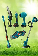 Акумуляторний універсальний садовий набір 6 в 1 / Секатор / Міні-пила / Тример / Повітродувка / Подовжувач / Кущоріз