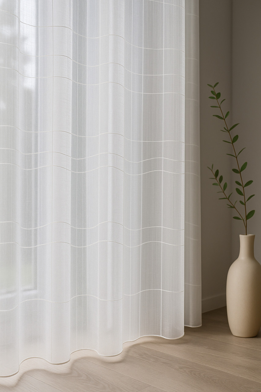 Тюль бамбук білий з легкою вишивкою клітинка висота 290 см, фото 1