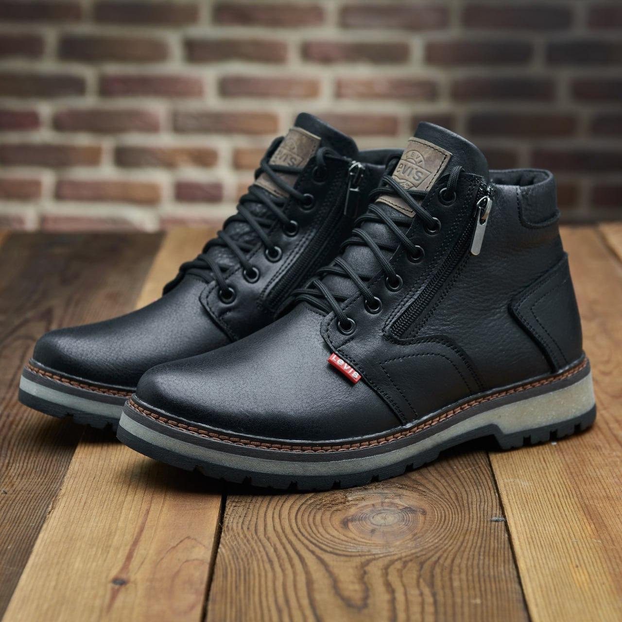 Зимові чоловічі шкіряні черевики на блискавці чорні утеплені з натуральної шкіри на хутрі на зиму, розмір 40-45, фото 1