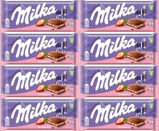 Набір з 8 штук молочного шоколаду Milka зі смаком полуниці "strawberry" 100г X8, фото 1