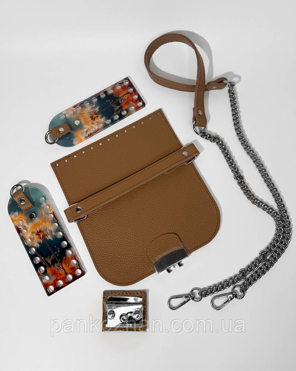 Набір шкіряної фурнітури для сумки МК 4.0 крафт флотар, срібло, акрил боковини, фото 1