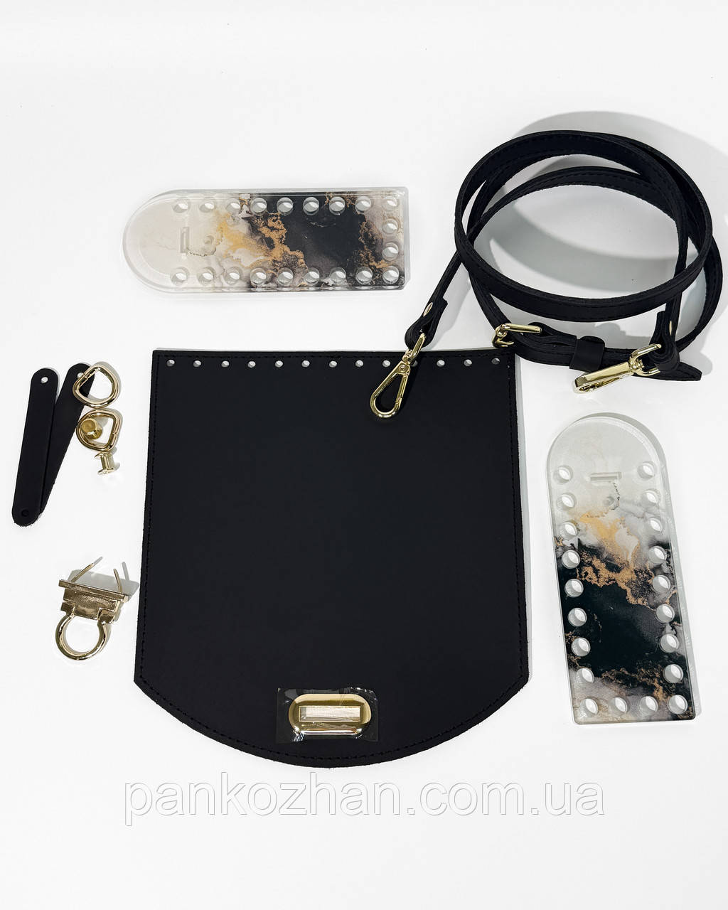 Набір шкіряної фурнітури для сумки МК 4.0 чорний, золото преміум, акрил принт чорний з сірим, фото 1