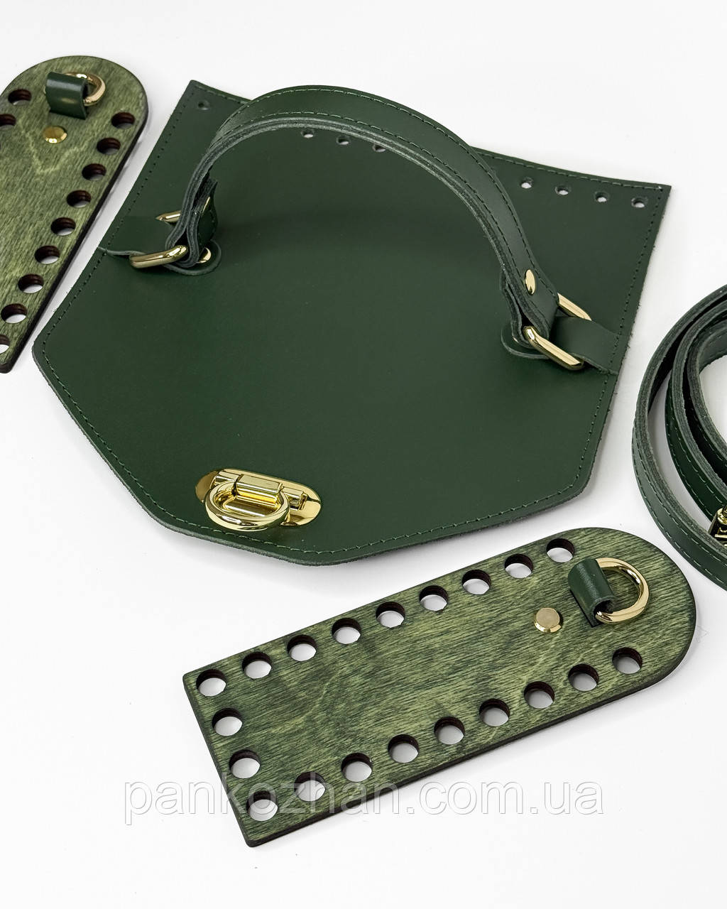 Набір шкіряної фурнітури для сумки МК 4.0 зелений, золото преміум якості, дерево трава, фото 1