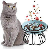 Керамічна миска для кішок з високим бортиком та металевим тримачем 0,5л світло-блакитна для повільного поїдання