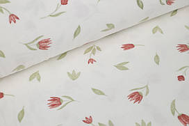 Фланель Тюльпани червоні з оливковими листочками на білому, ширина 240 см
