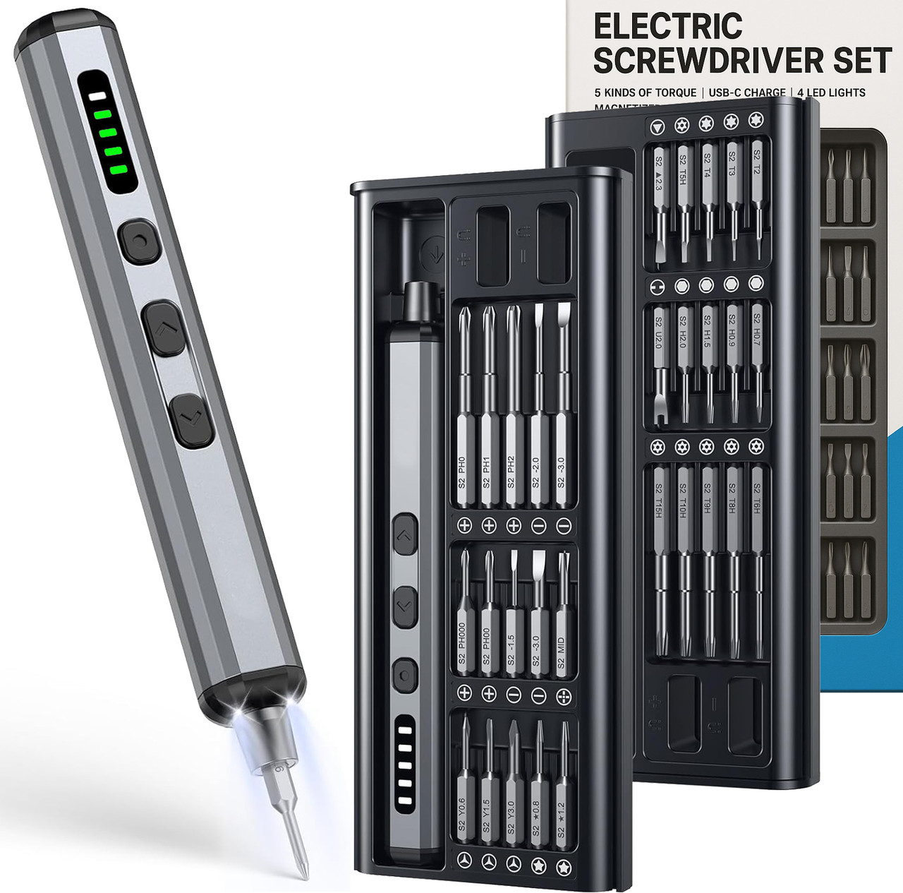 Електрична міні-викрутка Xiamen 38-в-1 з LED-підсвічуванням та регулюванням крутного моменту набір для ремонту телефонів, ноутбукі, фото 1