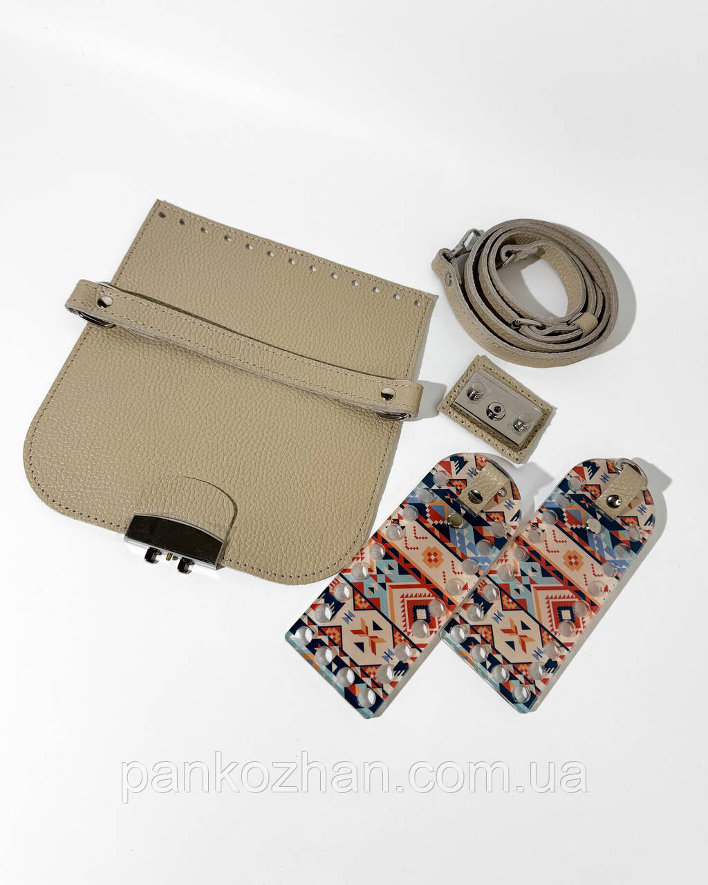 Набір шкіряної фурнітури для в'язаної сумки МК 4.0 слонова кістка срібло, акрил боковини, фото 1