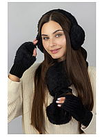 Комплект жіночий (навушники + шарф + мітенки) чорний розмір 56-58