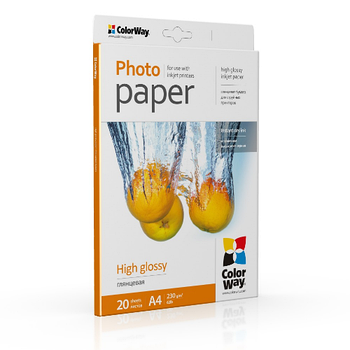 Папір А4 глянцевий 230г/м картон. уп 20 шт ColorWay PG230020A4