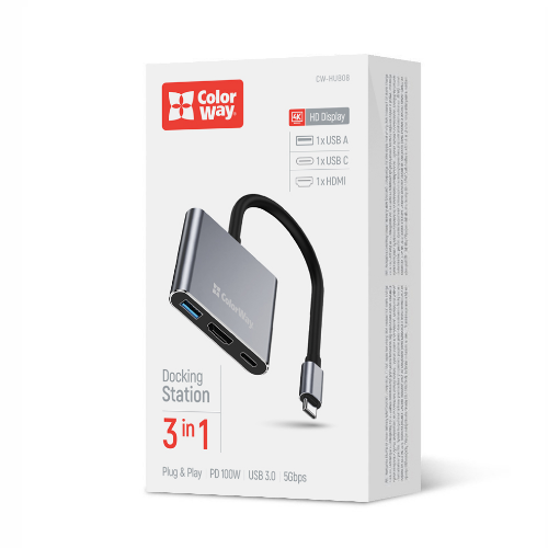USB хаб (док-станція) СolorWay USB-C 3-в-1 Type C PD 100W/USB3.0/HDMI 4К, фото 1