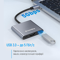 USB хаб (док-станція) СolorWay USB-C 3-в-1 Type C PD 100W/USB3.0/HDMI 4К, фото 4