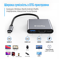 USB хаб (док-станція) СolorWay USB-C 3-в-1 Type C PD 100W/USB3.0/HDMI 4К, фото 3