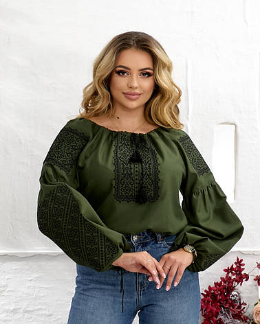 Вишиванка жіноча "Марічка" з домотканого полотна кольору хакі, фото 1