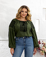 Вишиванка жіноча "Марічка" з домотканого полотна кольору хакі, фото 5