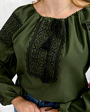 Вишиванка жіноча "Марічка" з домотканого полотна кольору хакі, фото 2