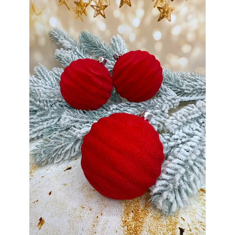 Набір ялинкових куль «Хвиля» бархат 80 мм стиль і затишок для вашої ялинки 6 шт Червоний, фото 1