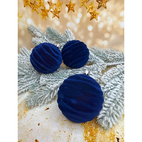 Набір ялинкових куль «Хвиля» бархат 80 мм стиль і затишок для вашої ялинки 6 шт Синій, фото 1