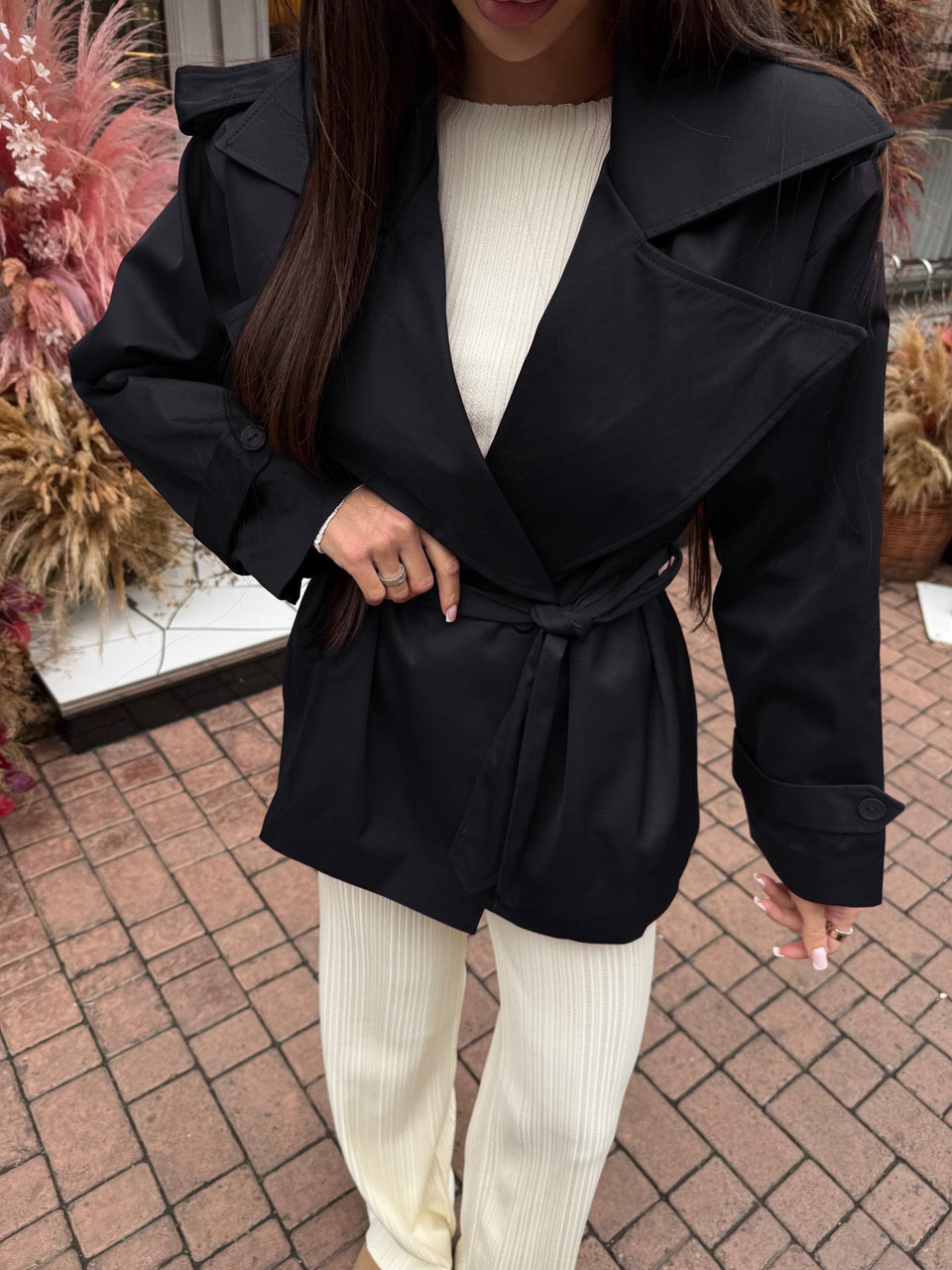 Модний жіночий укорочений тренч oversize водовідштовхувальний, чорний, розмір 42-46,48-50, фото 1