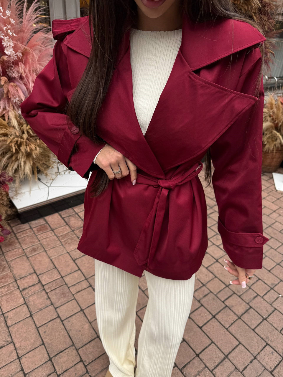 Модний жіночий укорочений тренч oversize водовідштовхувальний, бордо, розмір 42-46,48-50, фото 1