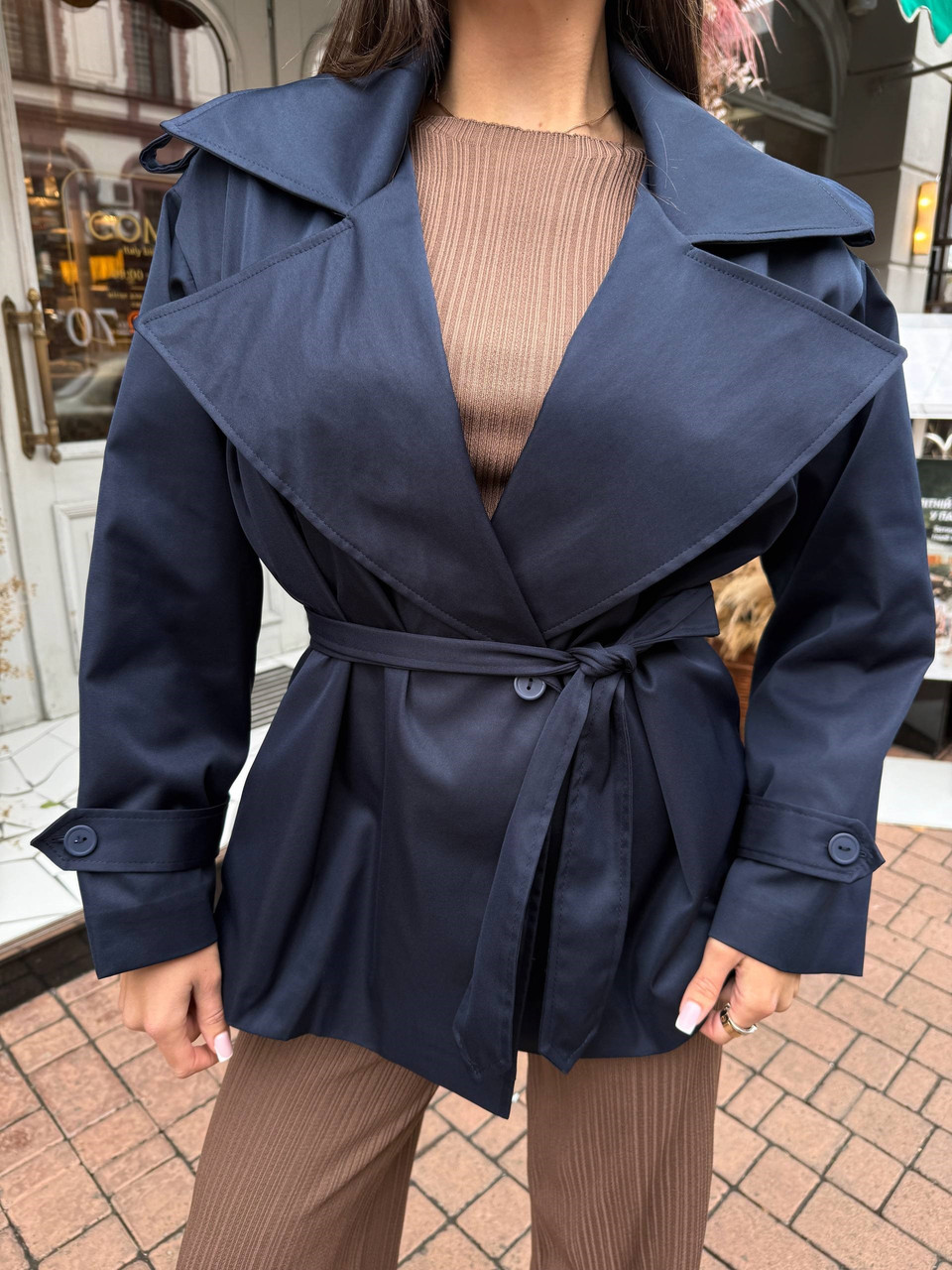 Модний жіночий укорочений тренч oversize водовідштовхувальний, синій, розмір 42-46,48-50, фото 1