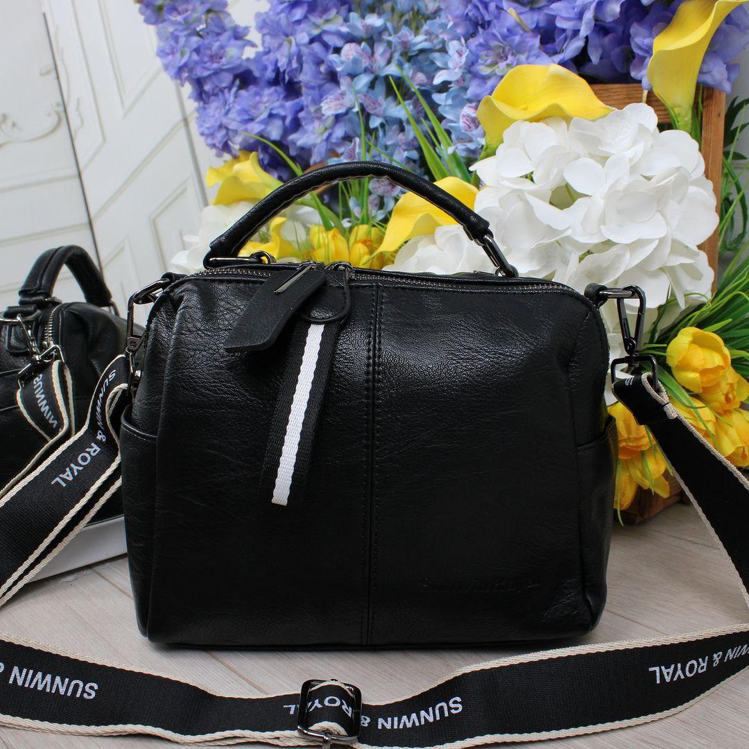 Жіноча сумка через плече на широкому ремені красива чорна екошкіра