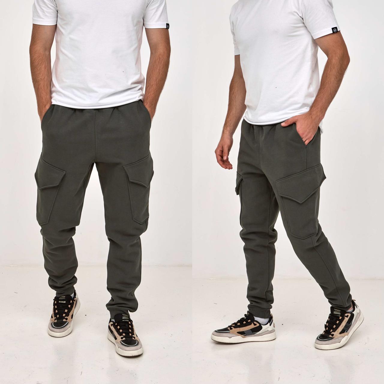 Спортивні теплі чоловічі штани Hector карго з кишеннями зимові з манжетами трикотаж на флісі темний хакі великі розміри, фото 1