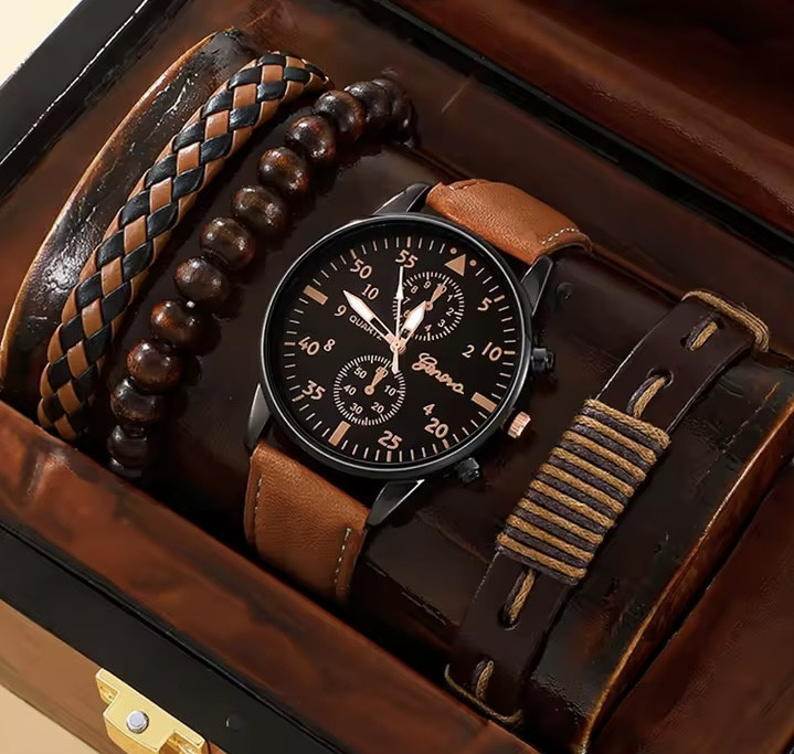 Чоловічий наручний годинник + набір браслетів 4 в 1 чорний корпус і коричневий ремінець