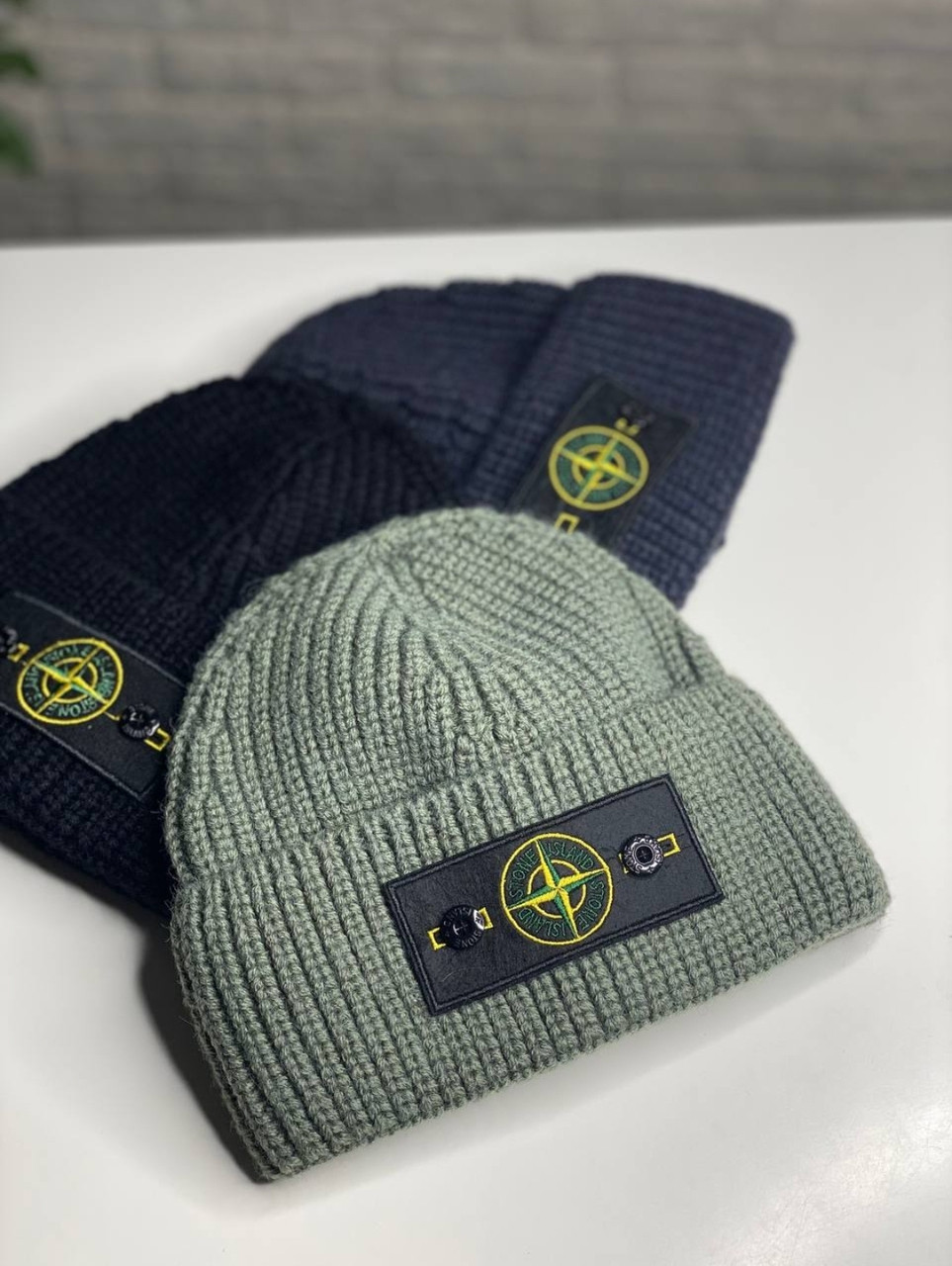 Шапка чоловіча STONE ISLAND в'язана щільна з підворотом вовна акрил 52-60 см Оливковий, фото 1