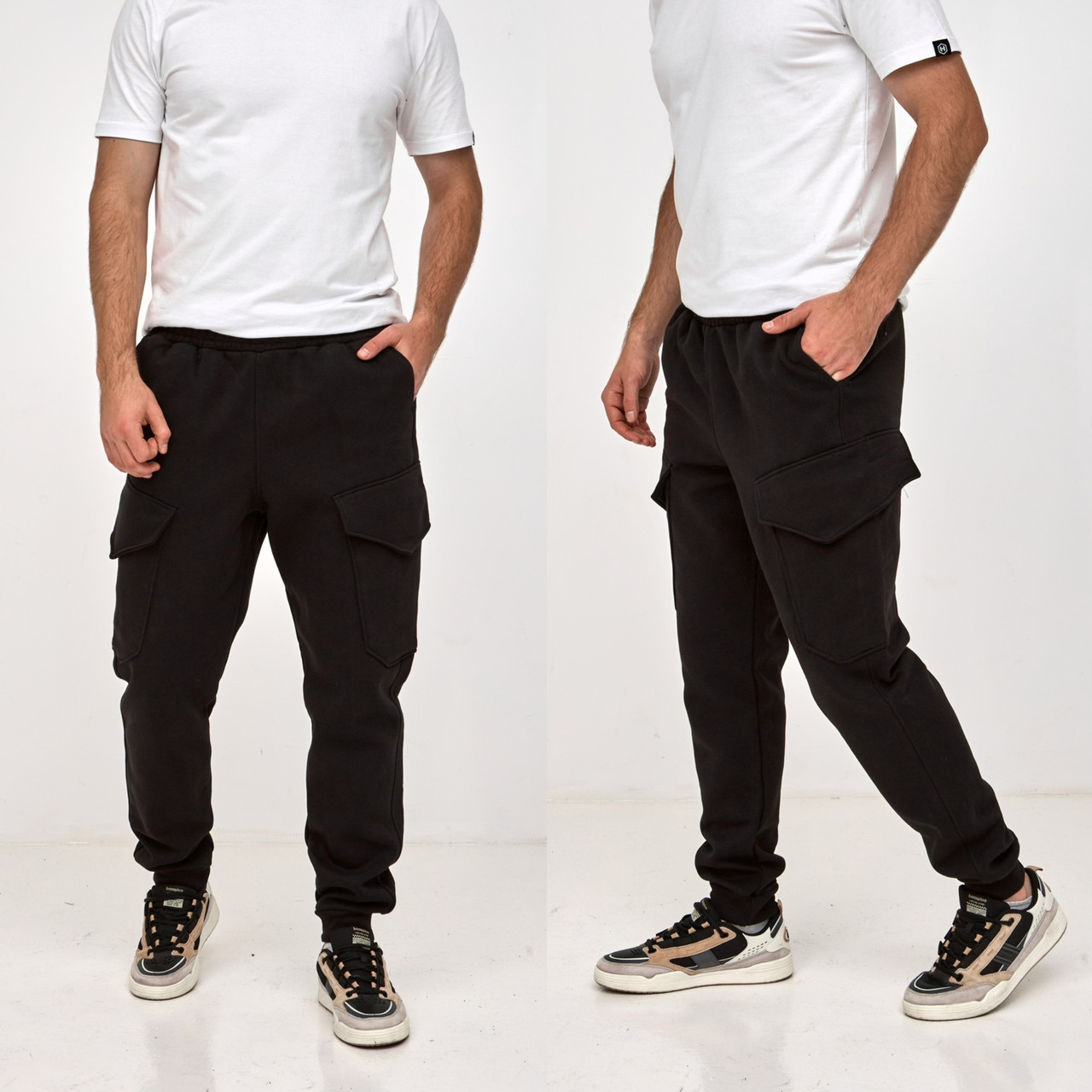 Спортивні теплі чоловічі штани Hector карго з кишеннями зимові з манжетами трикотаж на флісі темний чорні великі розміри, фото 1